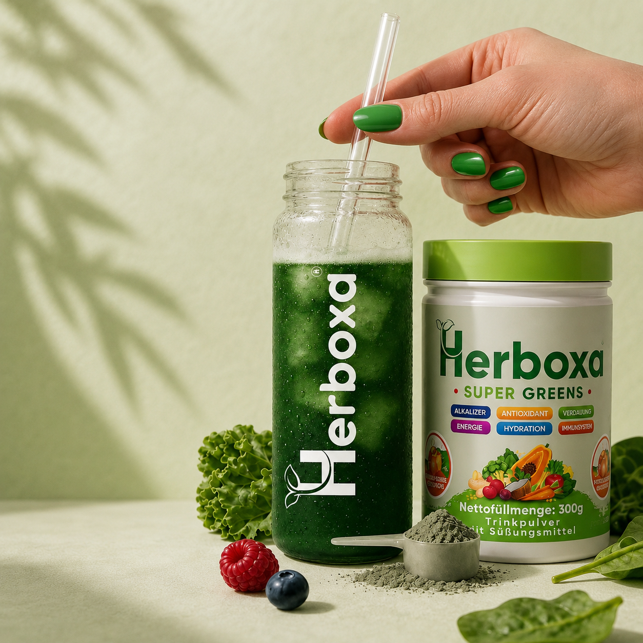 Kéz Grenova Super Greens itallal és a termék tégelyével, friss zöldségekkel körülvéve